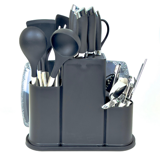 طقم أدوات المطبخ المكون من 20 قطعة مصنوع من السيليكون عالي الجودة مع مقابض من الفولاذ المقاوم للصدأ، ويشمل أدوات مقاومة للحرارة مثل الملعقة، قاطع البيتزا، وفتاحة العلب.