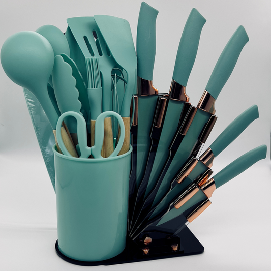 طقم أدوات المطبخ 19 في 1 مع سكاكين حادة وأدوات سيليكون مع هدية🎁