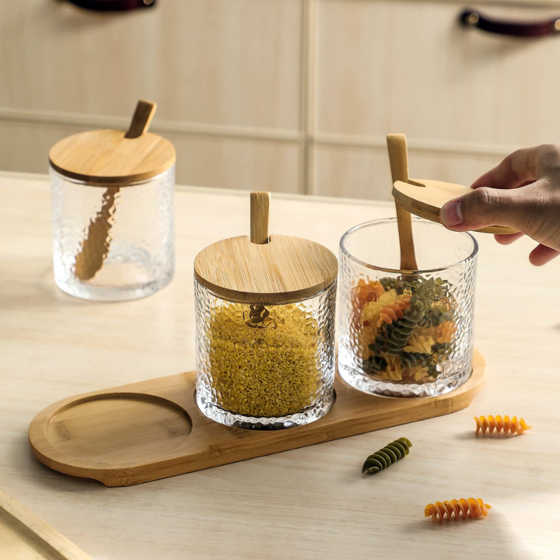 BAYTIGO® Ensemble de 3 pots d'assaisonnement en verre avec couvercles et cuillères