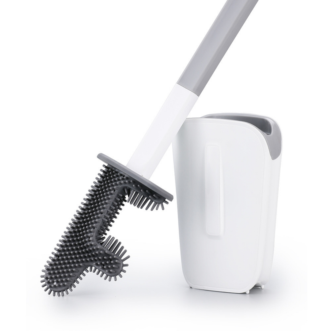 Brosse de nettoyage pour salle de bain avec support, fabriquée en silicone de haute qualité pour un nettoyage efficace et durable. Conception robuste pour un entretien facile et efficace.