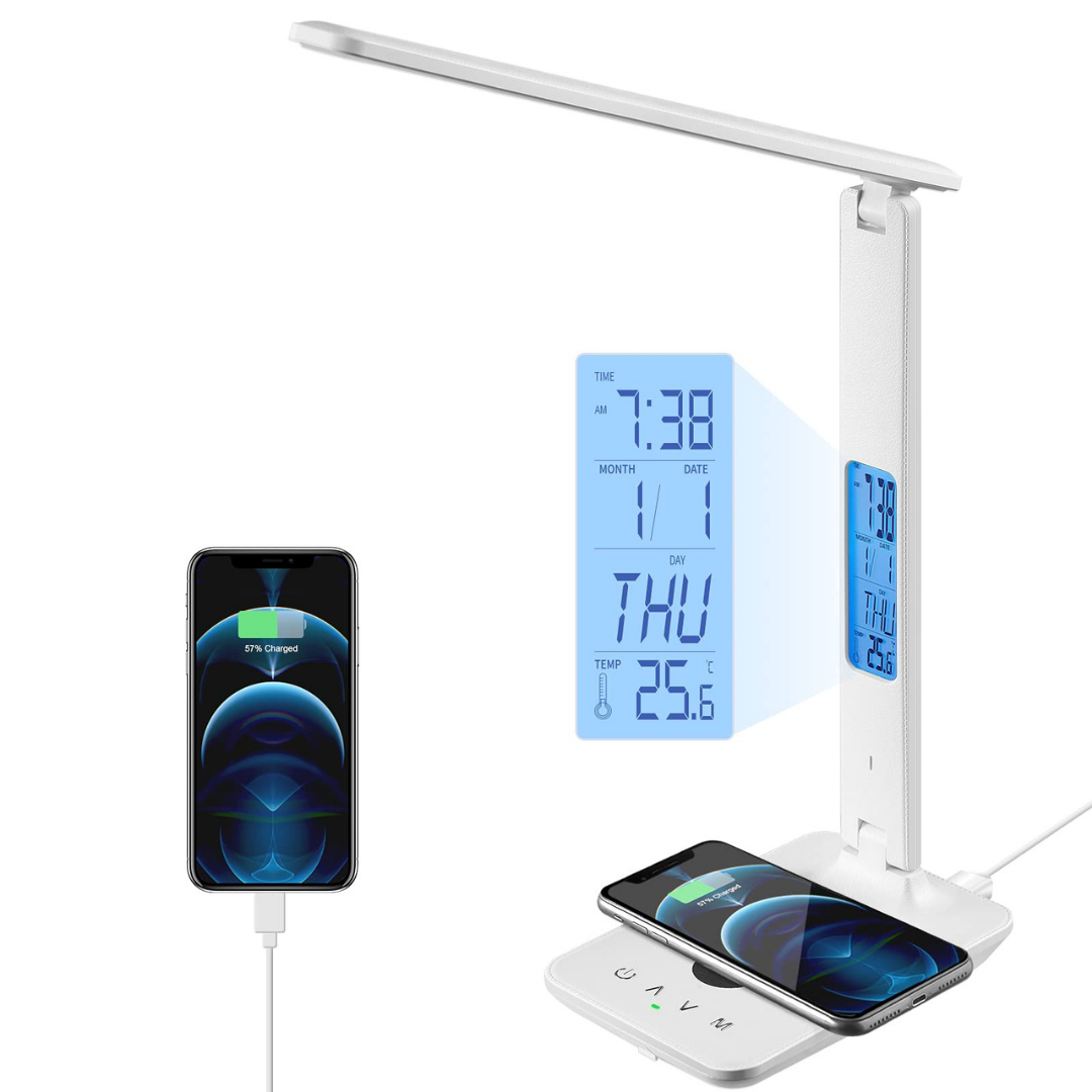 Lampe de bureau LED multifonction avec chargeur sans fil, port USB, et affichage de l'heure et de la température, idéale pour un bureau à domicile.