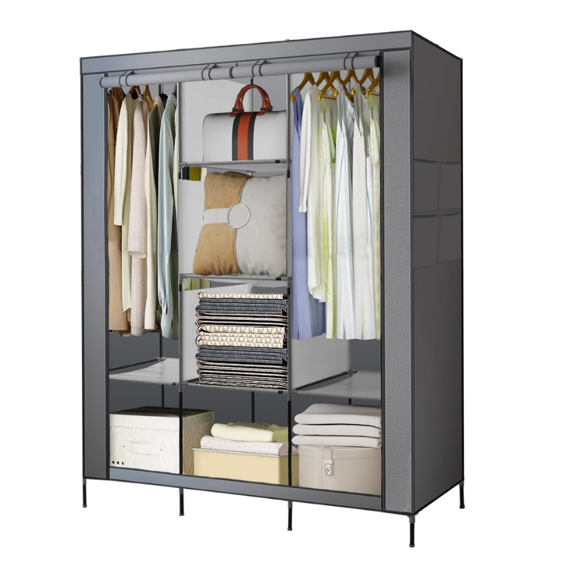Armoire portable BAYTIGO® : 6 étagères, 2 sections suspendues, 4 poches latérales