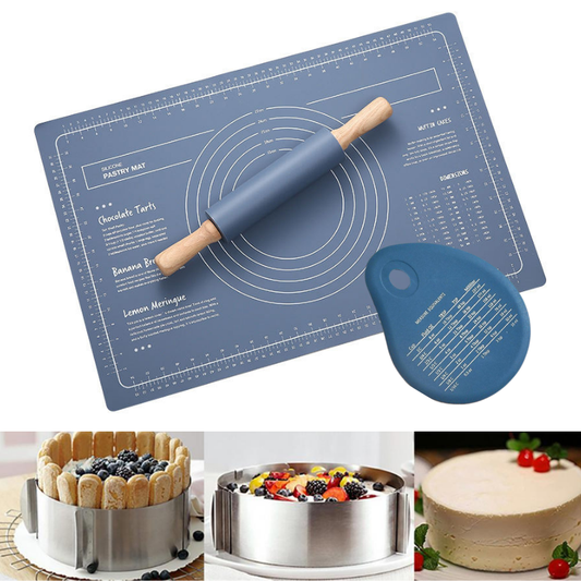 Pack d'ustensiles pour la préparation des pâtisseries de l'Aïd – Tapis, rouleau, découpeur, et moule à gâteau en inox.