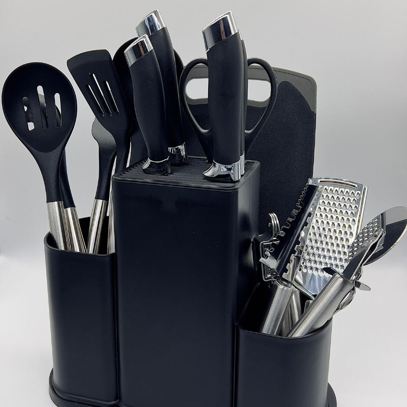Ensemble d'ustensiles de cuisine composé de 20 pièces fabriquées en silicone de haute qualité avec des poignées en acier inoxydable, comprenant des outils résistants à la chaleur comme une spatule, un coupe-pizza et un ouvre-boîte.