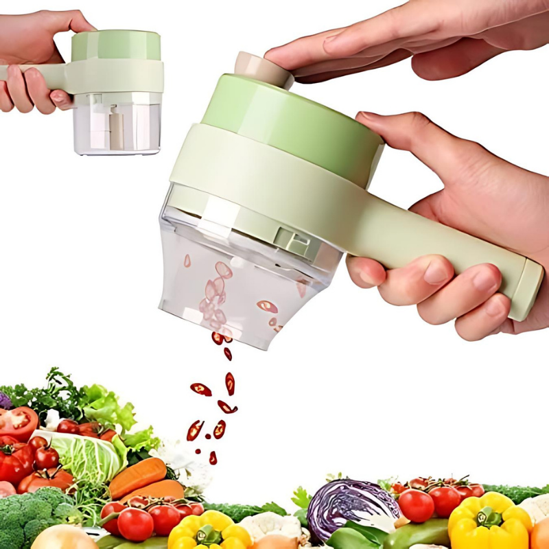 Coupe-légumes électrique portable 4 en 1, une solution polyvalente pour la préparation rapide des aliments. Idéal pour découper, trancher, râper et mélanger fruits et légumes. Parfait pour une utilisation dans la cuisine moderne.