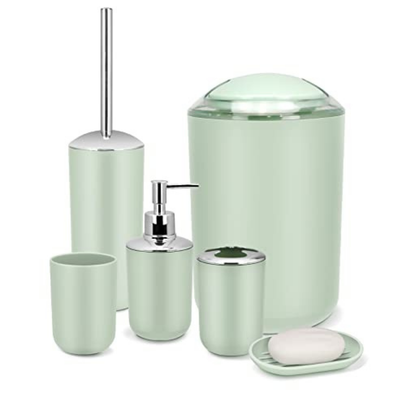 Ensemble d'accessoires pour salle de bain en vert, complet avec 6 pièces pour rafraîchir et organiser votre salle de bain.

